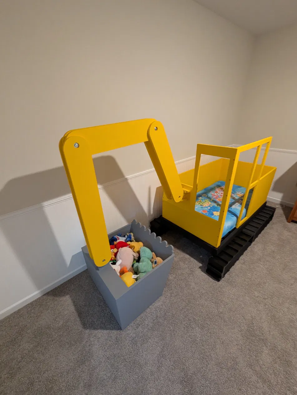 Excavator bed and matching toy storage bin